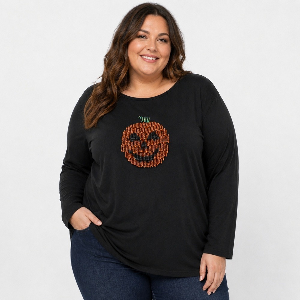 The Quacker Factory Women's Shirt Beaded Pumpkin Halloween Long Sleeve 1X